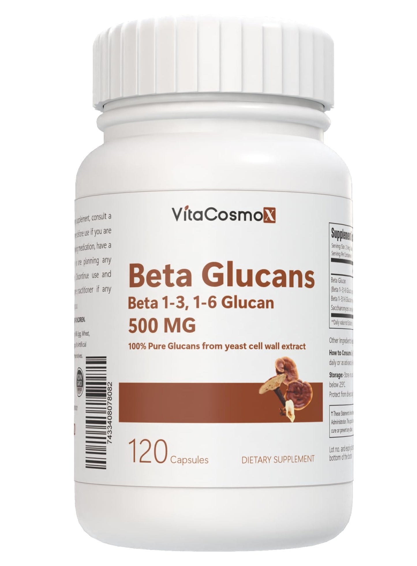 VitaCosmoX Beta Glucan Supplement 500 mg Capsule, 120 Veggie Capsules, Non-GMO, Gluten-Free