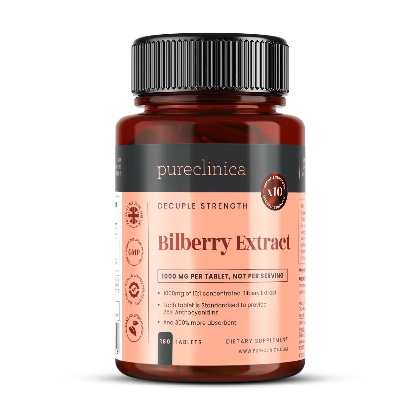 pureclinica Bilberry Extract 1000mg (10:1) with Black Pepper Extract, 180 Tablets