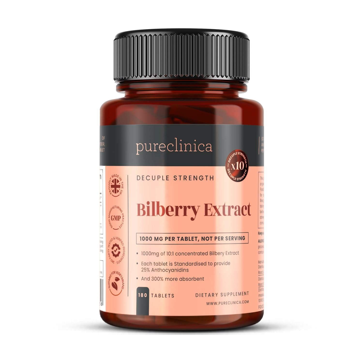 pureclinica Bilberry Extract 1000mg (10:1) with Black Pepper Extract, 180 Tablets