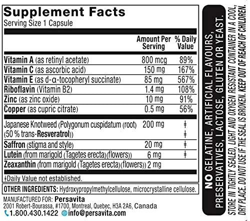 Persavita Saffron 2020 Supplement with Saffron, Resveratrol, Vitamins and Minerals, Zeaxanthin and Lutein Capsules 30 Count