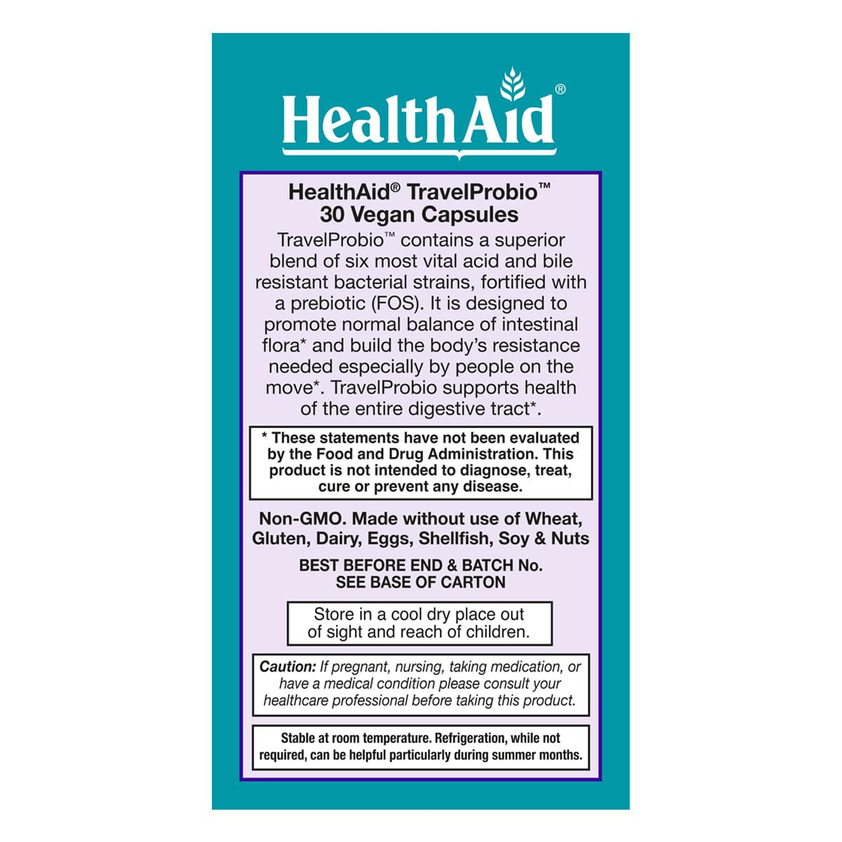 HealthAid TravelProbio 20 Billion CFU Probiotic – Saccharomyces boulardii + Prebiotic (FOS), Acid & Bile-Resistant – Once-Daily Vegan, Gluten-Free, Room-Temp Stable – Travel Digestive Support Capsules, 30
