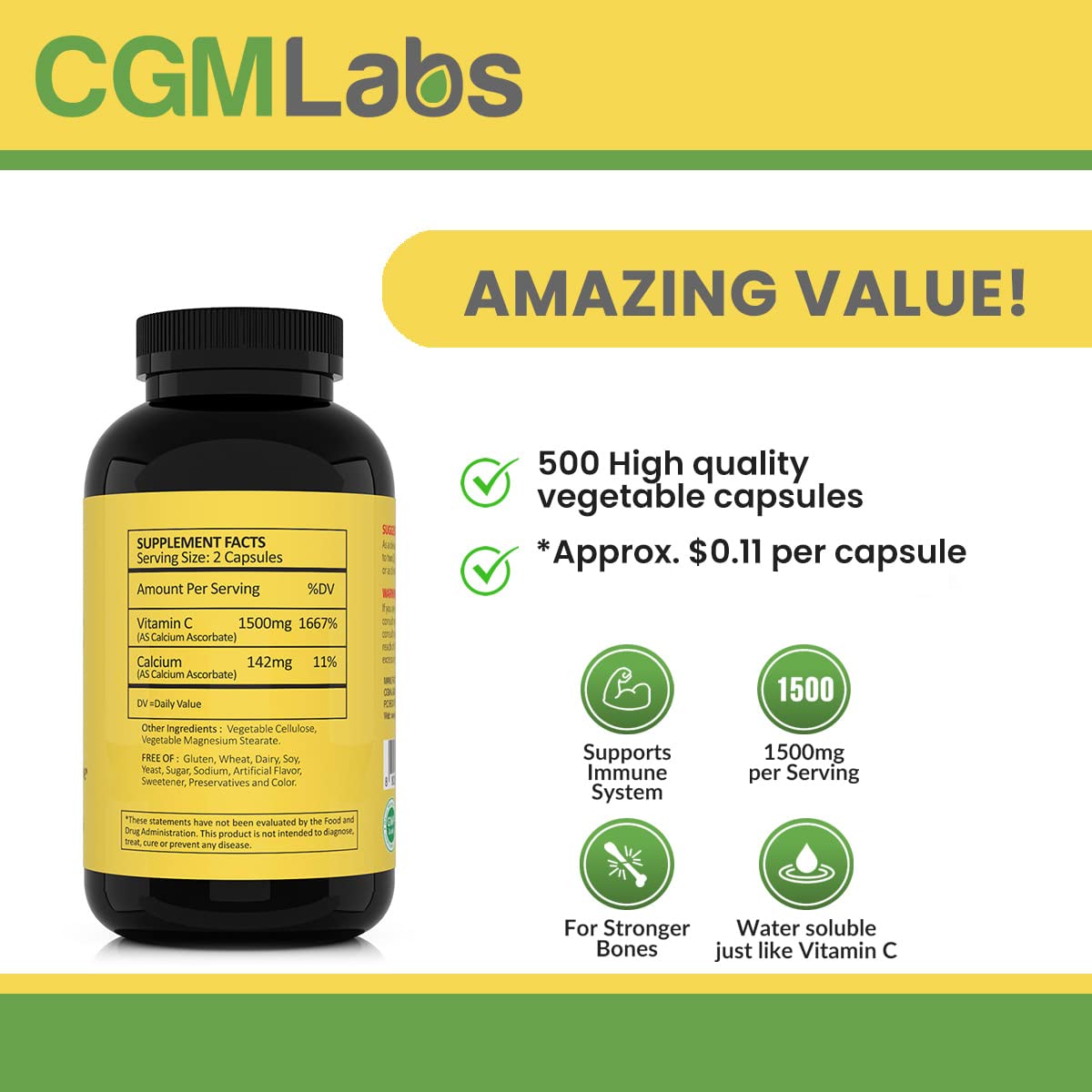 CGMLABS Non-Acidic Vitamin C 1500mg with Calcium Capsules 100