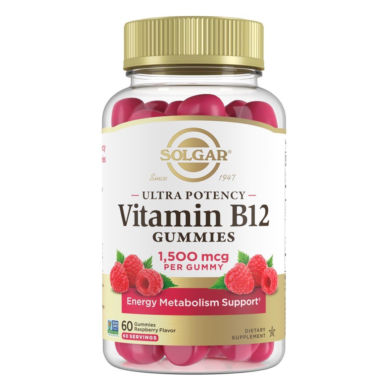 Solgar Methyl B12 Gummies for Adults 1,500mcg Ultra Potency Vitamin for Energy & Metabolism Support, Raspberry Flavor, Vegan & Gluten-Free, 60 Gummies