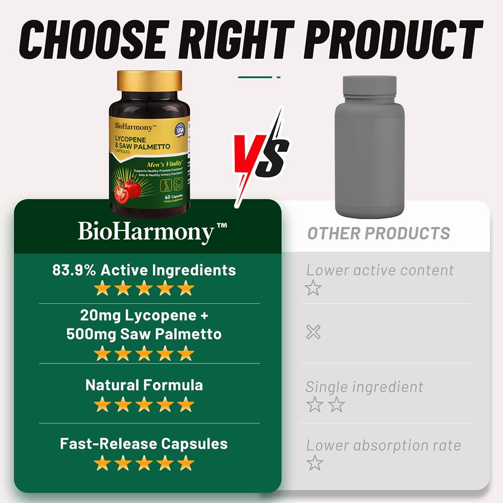 BioHarmony Saw Palmetto for Men Prostate Health Supplement with 500mg Saw Palmetto Extract & 20mg Lycopene, Non-GMO, 60 Capsules