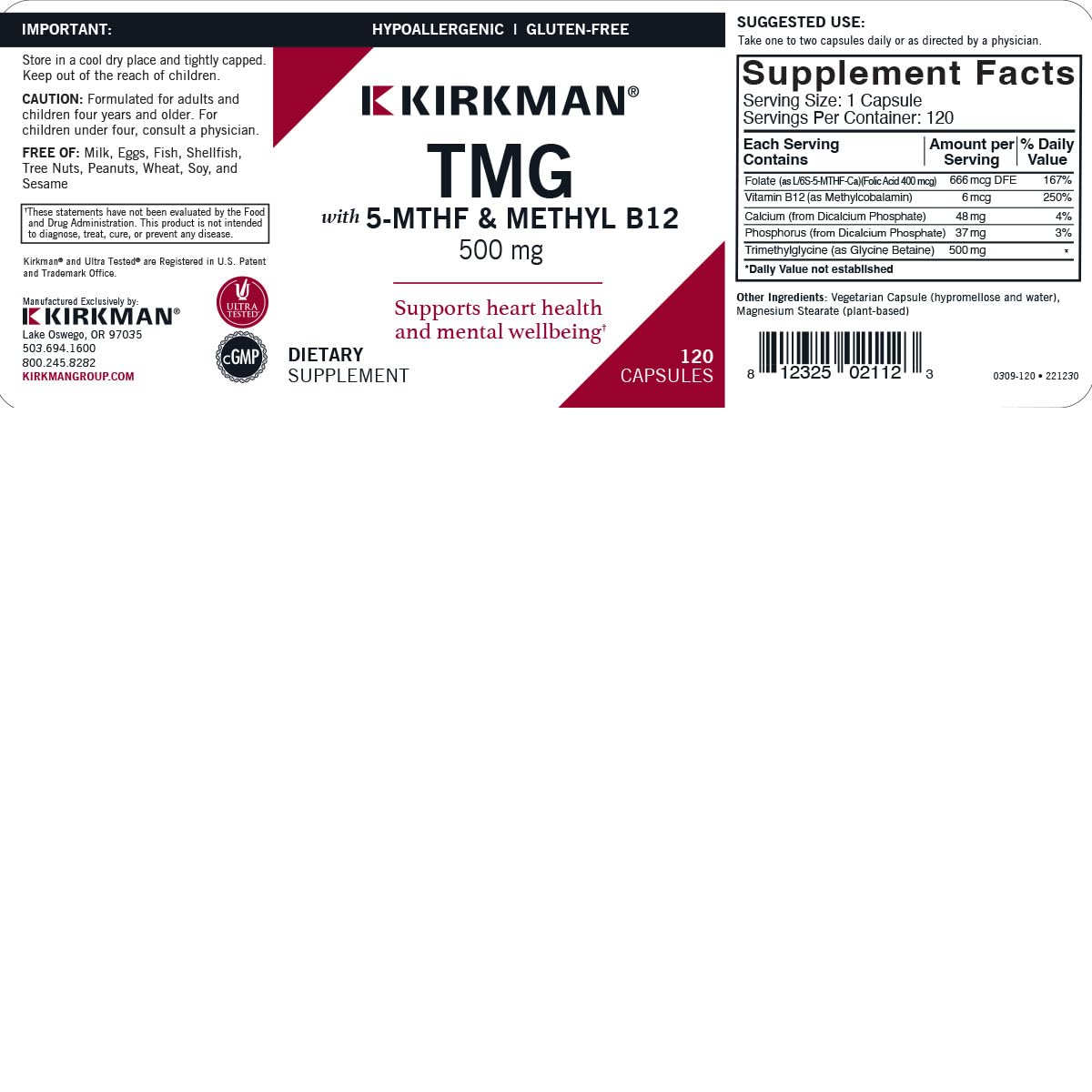 Kirkman TMG (Trimethylglycine) 500 mg with Folinic Acid & B12 Capsules, 120 Count