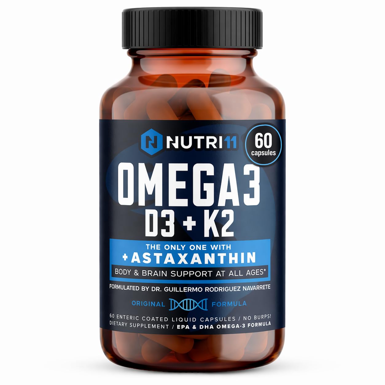 Nutri11 Omega-3 Fish Oil with Vitamin D3, K2 & Astaxanthin Enteric-Coated Burpless Softgels 60 Capsules