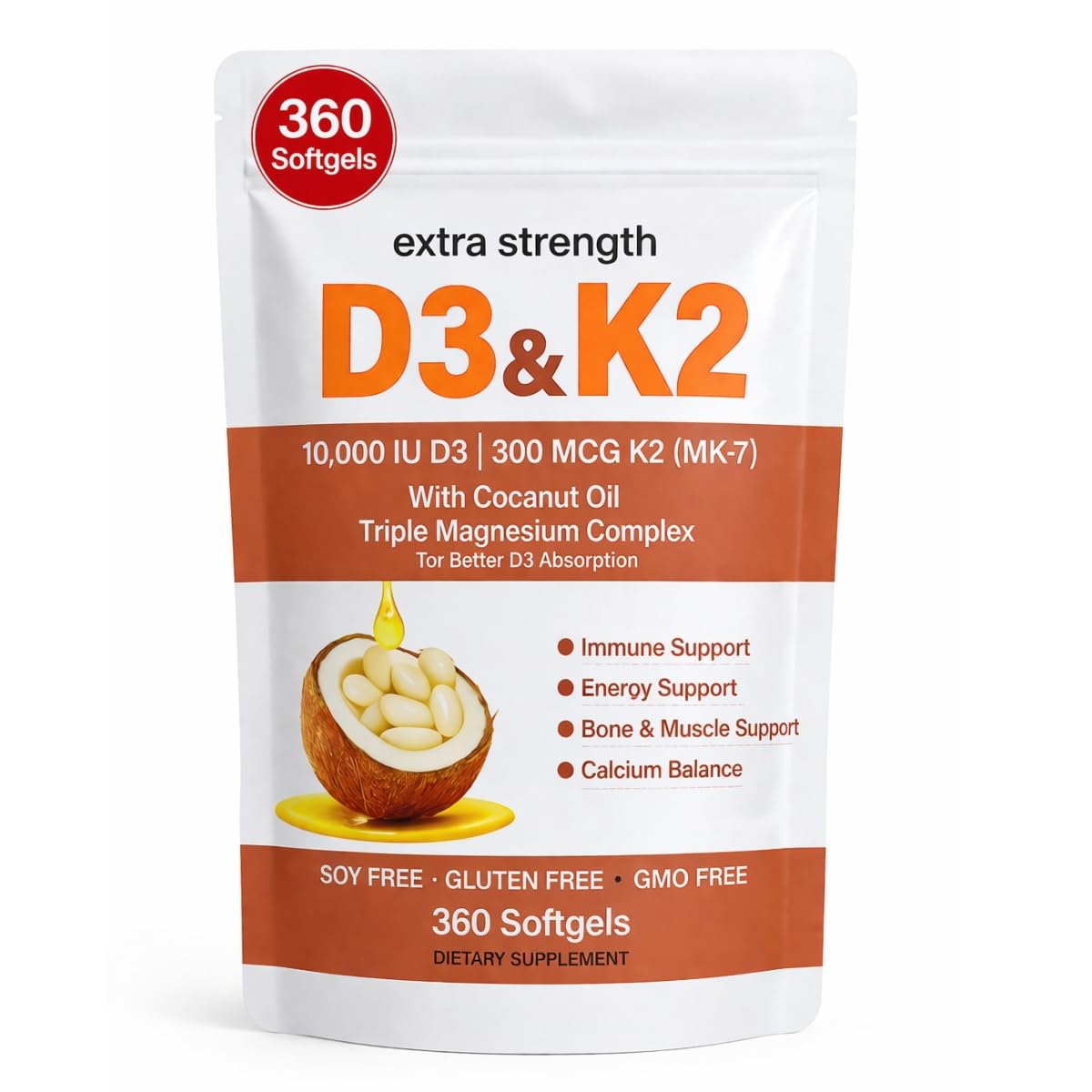 KUZEOLON Vitamin D3 K2 Magnesium Complex Softgels with Coconut Oil, 360 Softgels