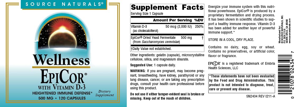 Source Naturals Wellness EpiCor with Vitamin D-3 for Heightened Immune Defense Capsules 120