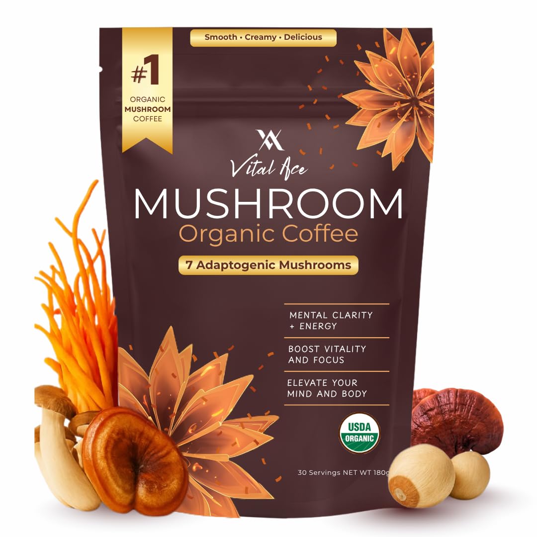 Vital Ace Organic Mushroom Coffee Powder with Lion’s Mane & 7 Adaptogens, 30 Servings, 6.35 oz