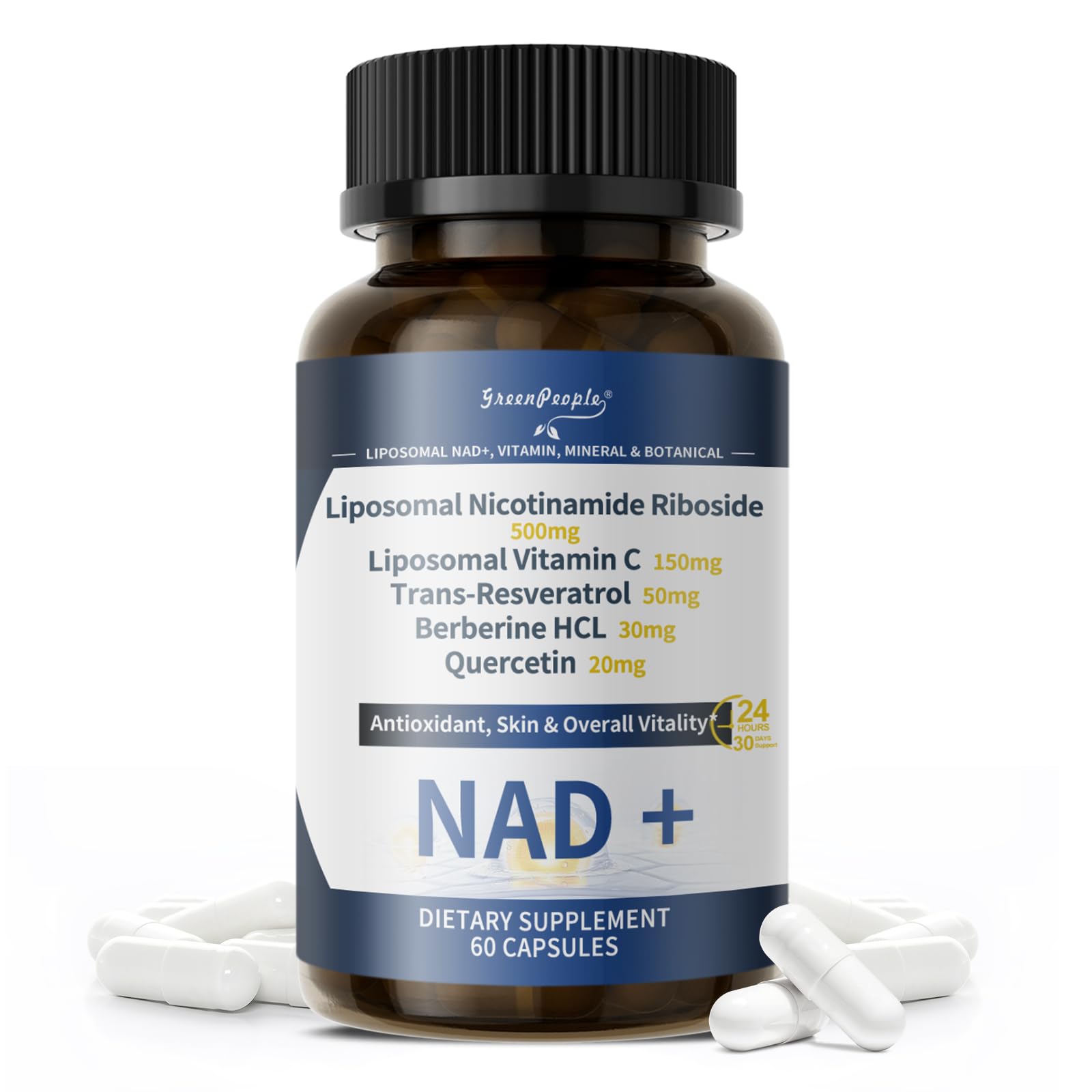 GREENPEOPLE Liposomal NAD+ Supplement for Women - Nicotinamide Riboside with Resveratrol, Quercetin & Liposomal Vitamin C - Capsule, 60 Count