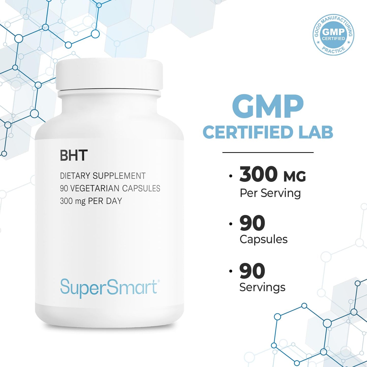 Supersmart BHT 300 mg Per Day Butylated Hydroxy toluene Capsule, 90 Count
