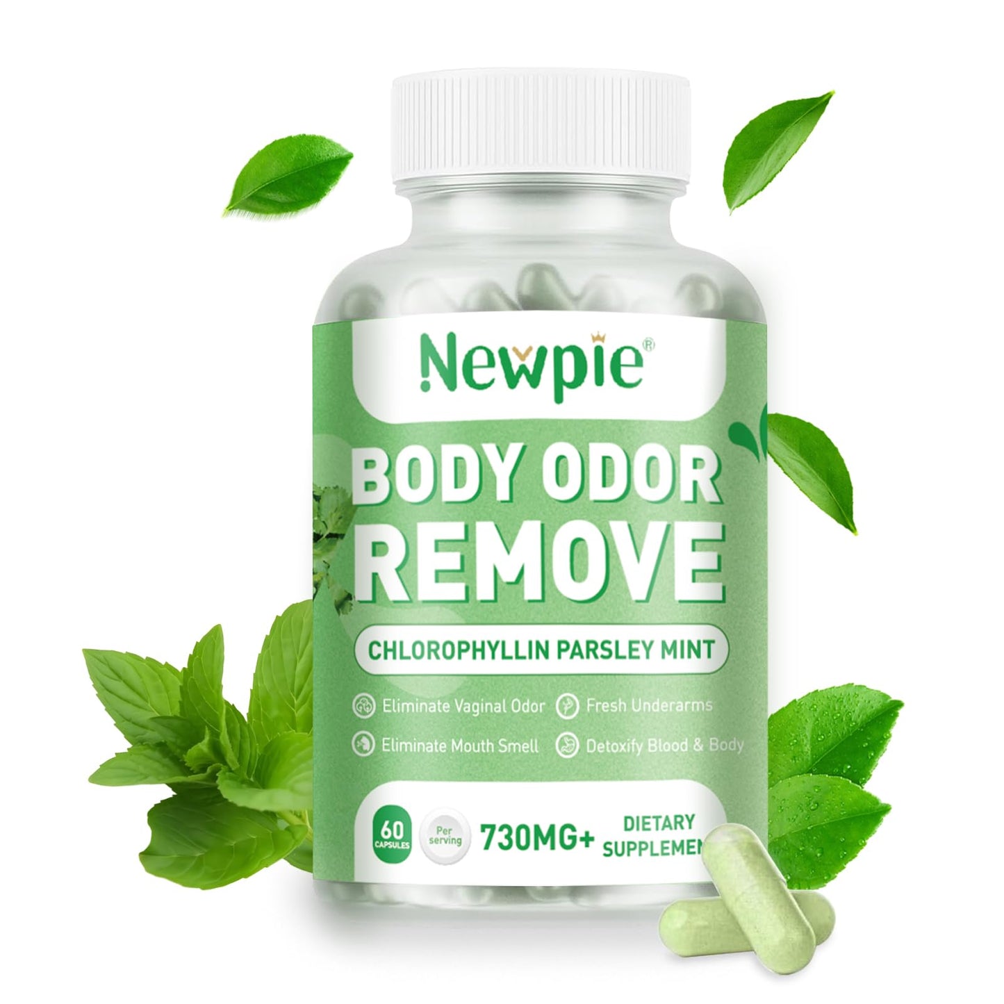 Newpie Chlorophyll Body Deodorizing Supplement Internal Odor Control Capsules, 60 Count