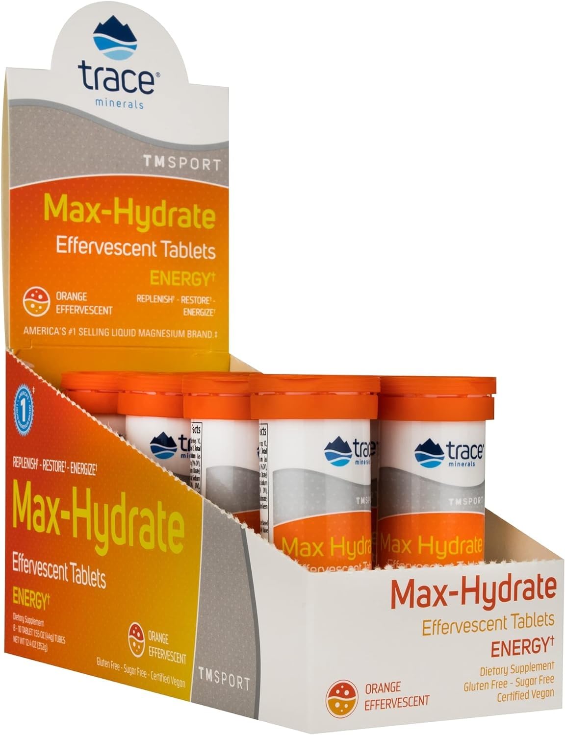 Trace Minerals Max-Hydrate Energy Electrolyte Tablets, Orange Flavor, 8 Count