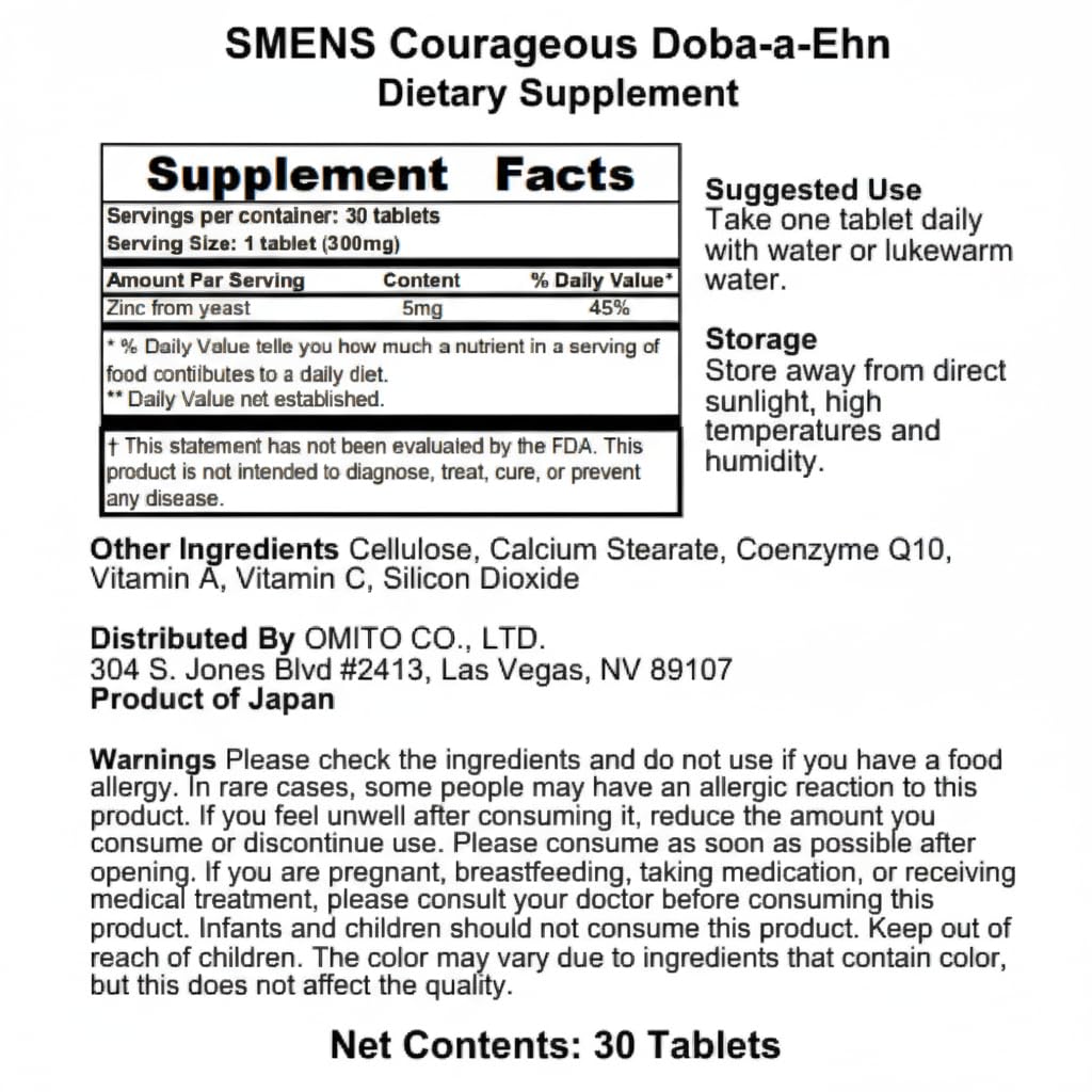 SMENS Zinc 5mg Supplement from Yeast with CoQ10 & Vitamin C, High Absorption, Tablets, 30 Count