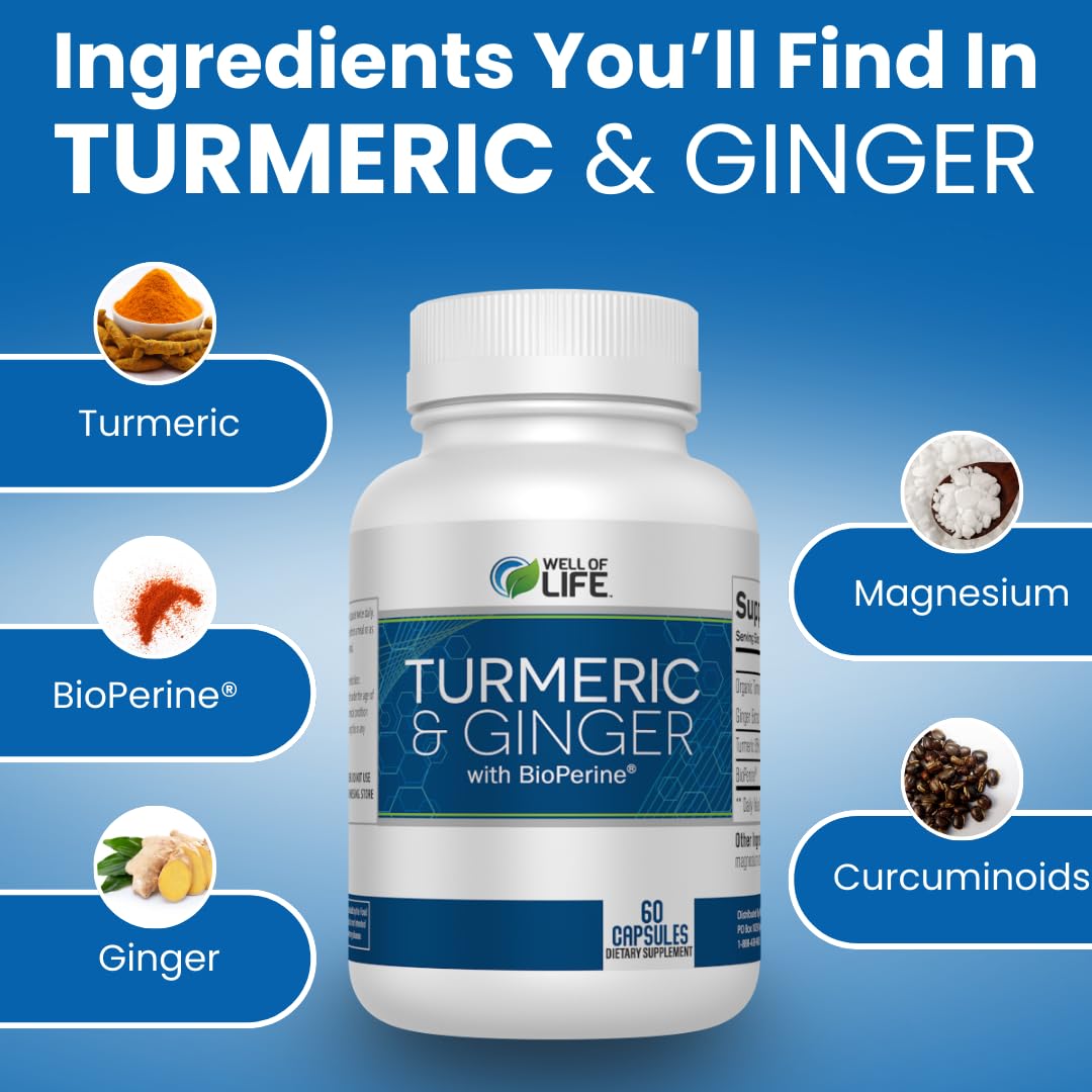 Well of Life Turmeric & Ginger with BioPerine Joint Support 655mg Veg Capsules 60 Count