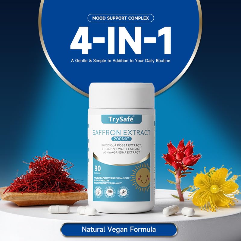 TrySafe 4-in-1 200mg Saffron Capsule with 650mg Rhodiola Rosea, 650mg St. John's Wort & 100mg Ashwagandha, 90 Capsules