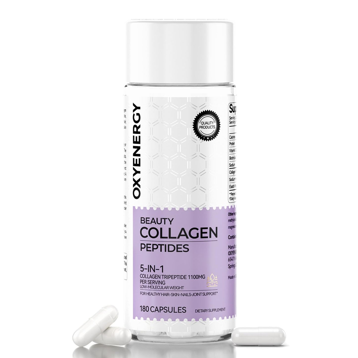 OxyEnergy Collagen Peptides Capsules 1100mg Hydrolyzed Collagen Tripeptides Type III with Biotin and Vitamin C, 180 Capsules