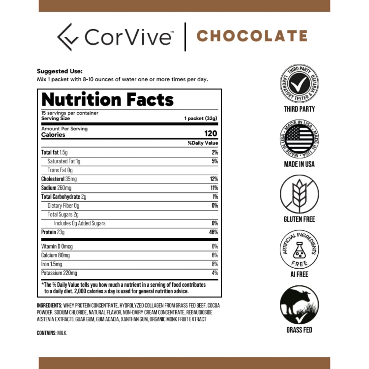 CorVive Protein + Collagen Powder, Chocolate, 15 Sachets