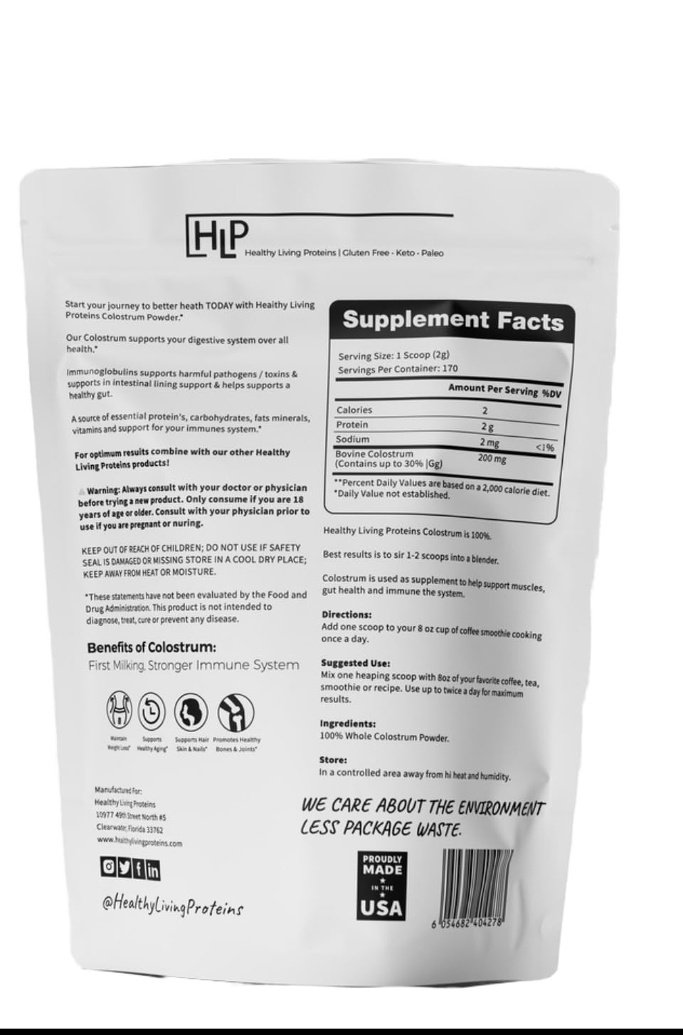 HLP Healthy Living Proteins Grass Fed Colostrum Powder, 12oz, 170 Servings