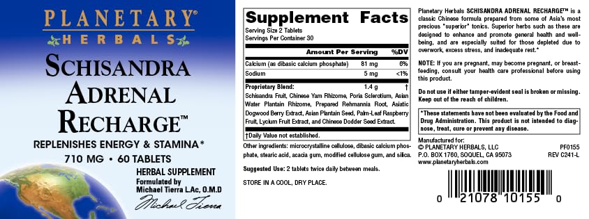 Planetary Herbals Schisandra Adrenal Complex 710mg with Yam Rhizome, Poria Sclerotium & More, 60 Tablets