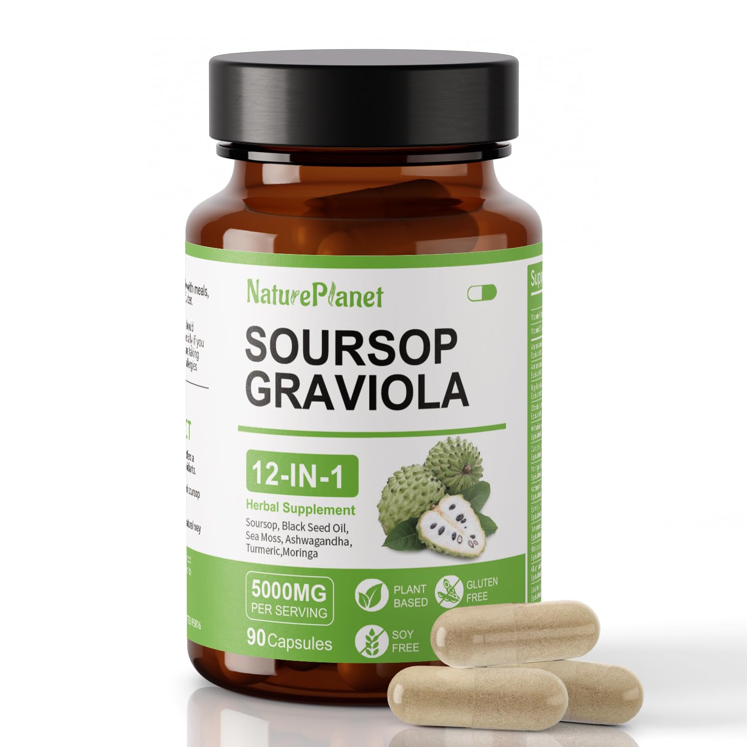 NaturePlanet Soursop Graviola Capsules with Black Seed Oil, Sea Moss, Ashwagandha, Turmeric & Moringa - 90 Count