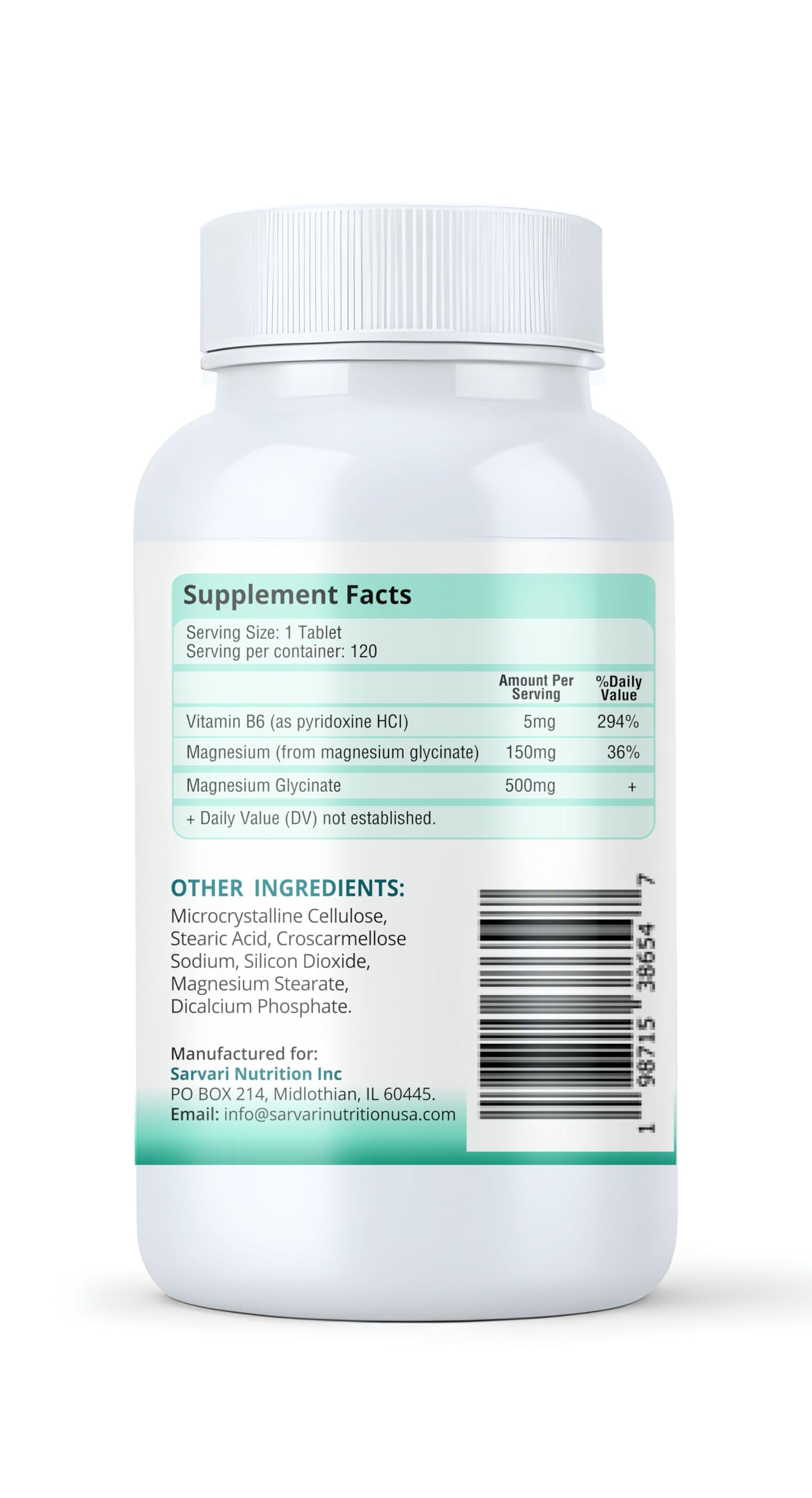 Sarvari Nutrition Magnesium Glycinate Supplement 500mg Tablet, 120 Tablets