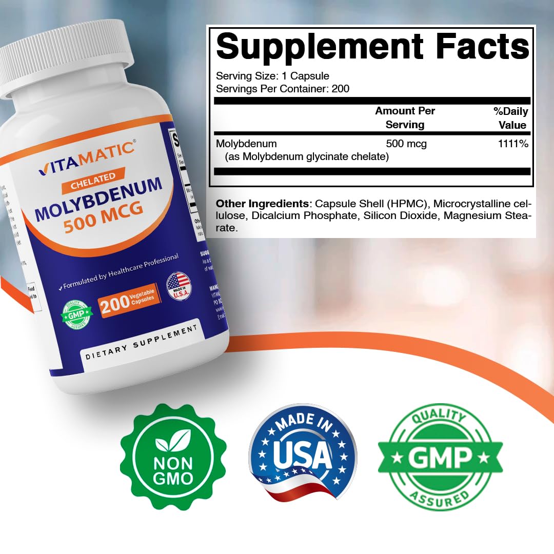 Vitamatic Chelated Molybdenum 500 mcg (as Molybdenum Glycinate Chelate) Capsules, 200 Count