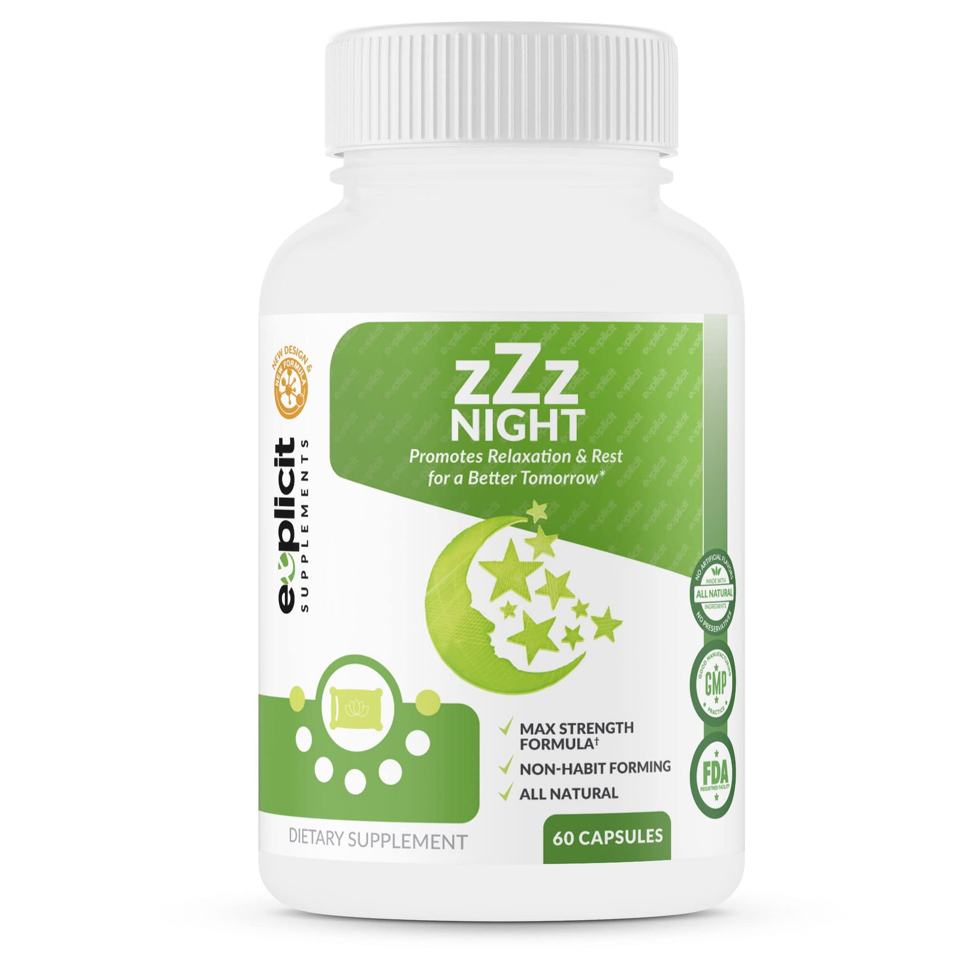 eXplicit Supplements zZz Night Natural Sleep Aid - Non-Habit Forming with Melatonin, Valerian, Chamomile and More - Promotes Relaxation and Rest - 1 Capsule