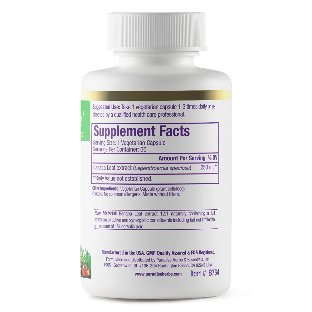 Paradise Herbs Banaba Leaf 12:1 Concentrated Extract 250 mg Capsules, 60 Count