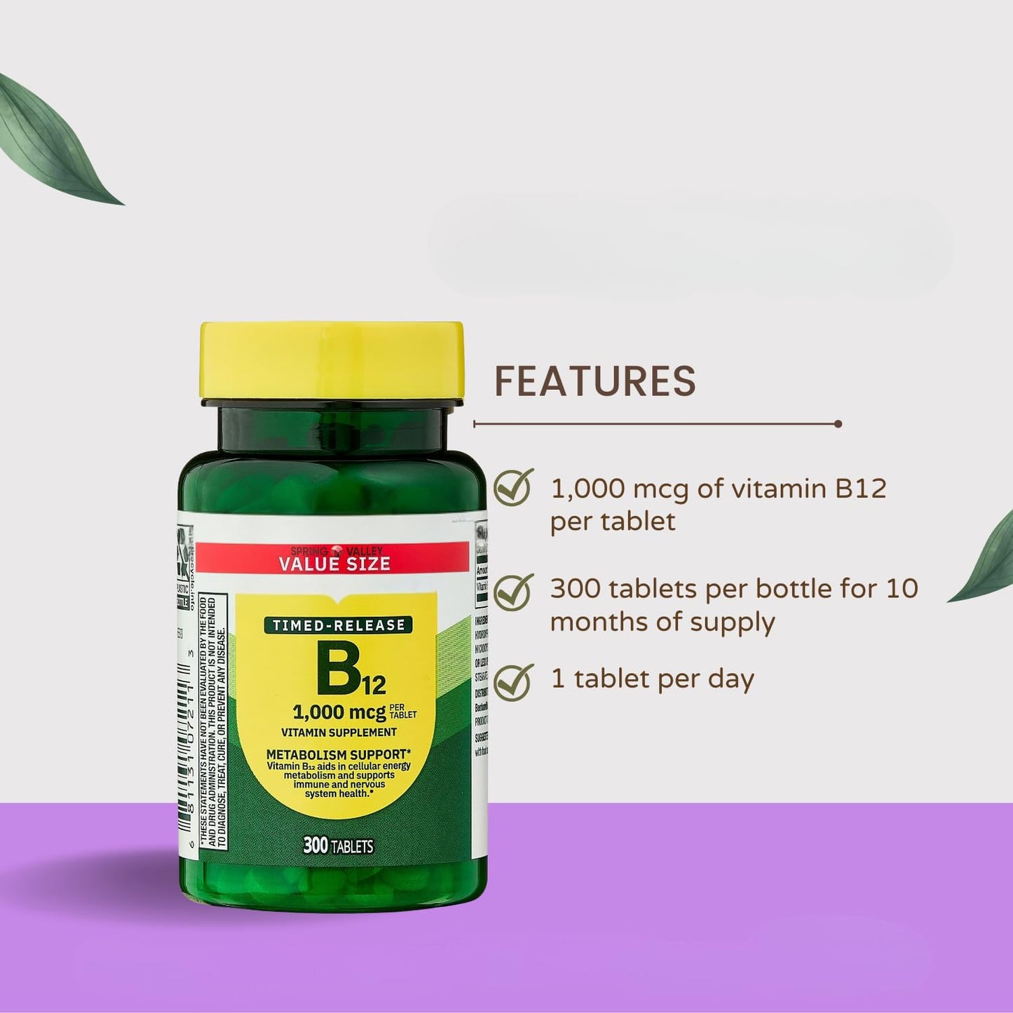 Generic Vitamin B12 Timed-Release Spring Valley Tablets Dietary Supplement 1000 mcg, 300 Tablets