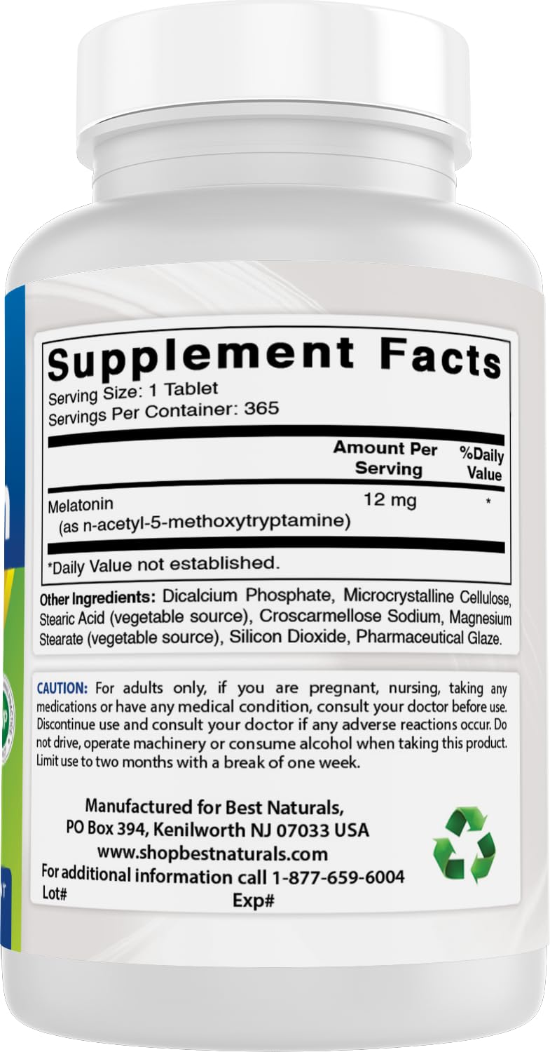 Best Naturals Melatonin 12 mg Tablet, 365 Count