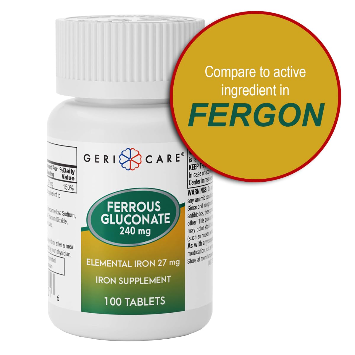 GeriCare Ferrous Gluconate 27mg Iron Tablets, 100 Count