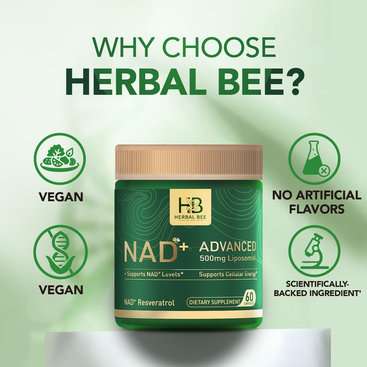 Herbal Bee Liposomal NAD+ Supplement 500 Mg with NAD Trans-resveratrol 50 Mg – Cellular Energy & Mitochondrial Support – Healthy Aging & Antioxidant Support – 60 Capsules