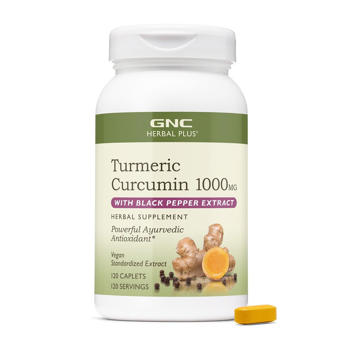 GNC Herbal Plus Turmeric Curcumin 1000mg + Piperine Caplets, 120 Count