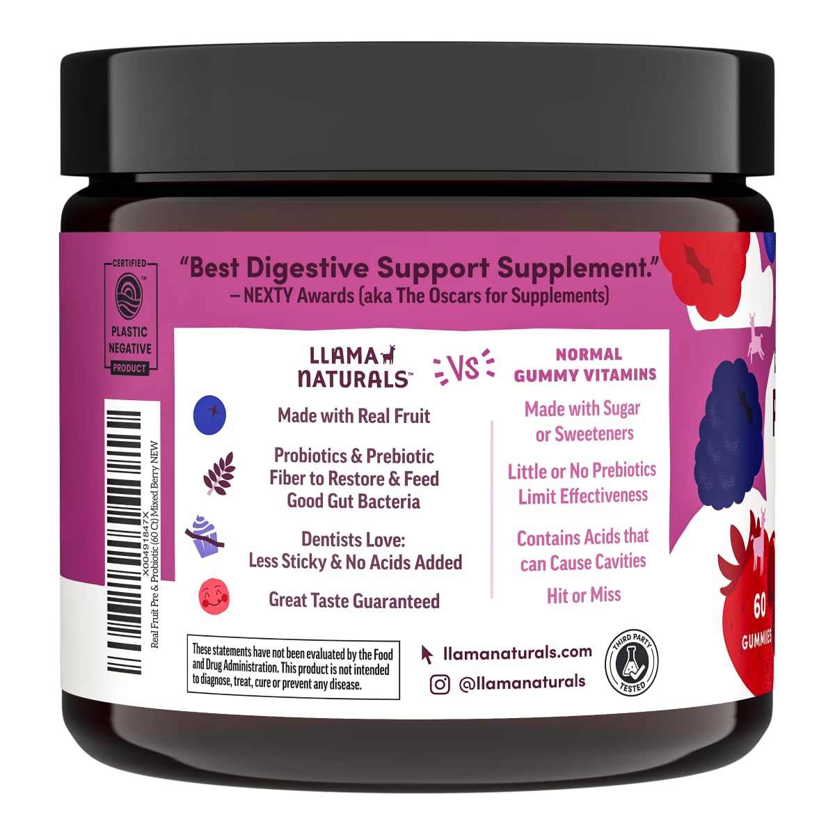 Llama Naturals Probiotics for Women and Men with Prebiotic Fiber, Vegan, Organic Probiotic for Gut Health Support, Real Fruit Vitamins, Mixed Berry Gummies 60 Count