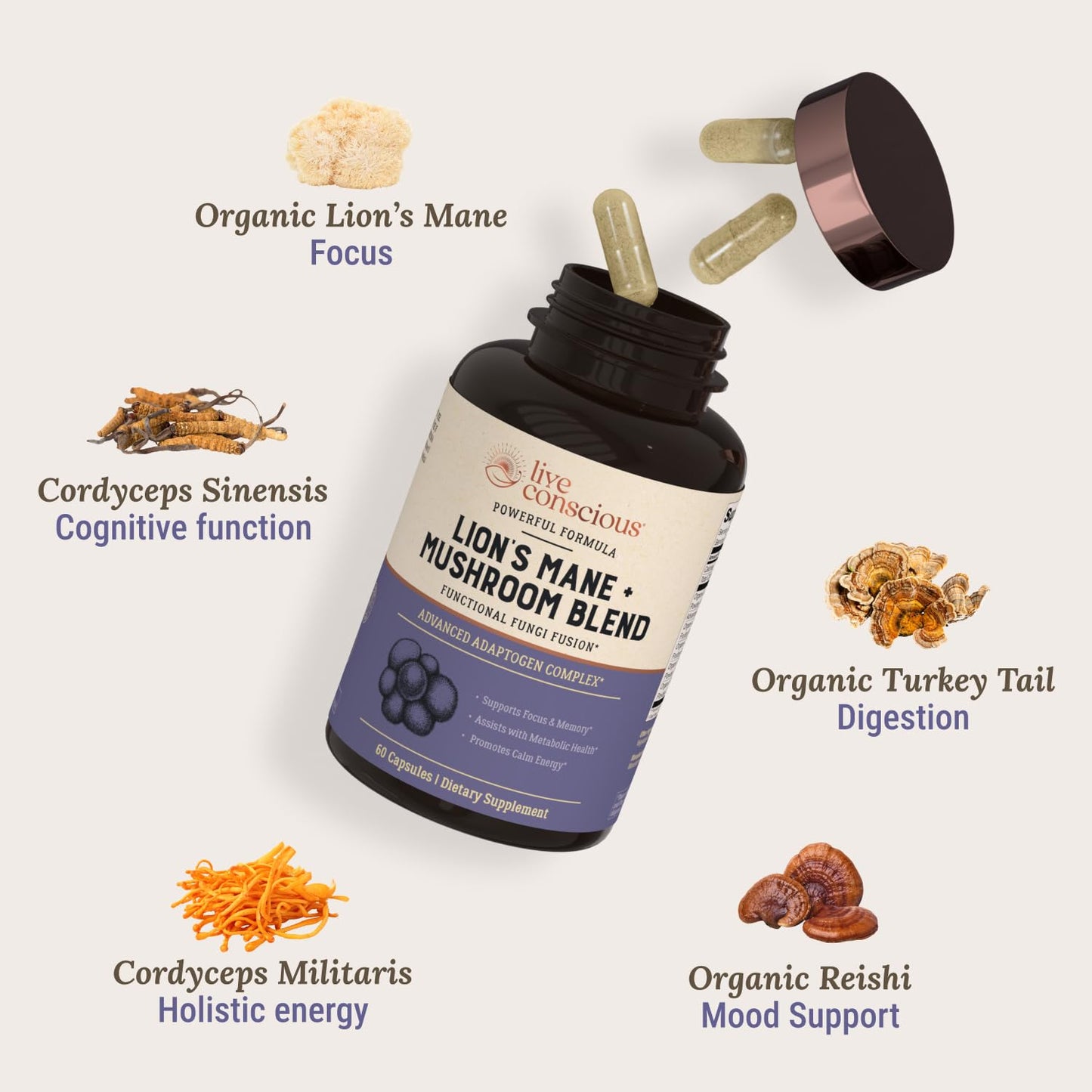 Live Conscious Lions Mane Mushroom Supplement Capsule, 60 Count