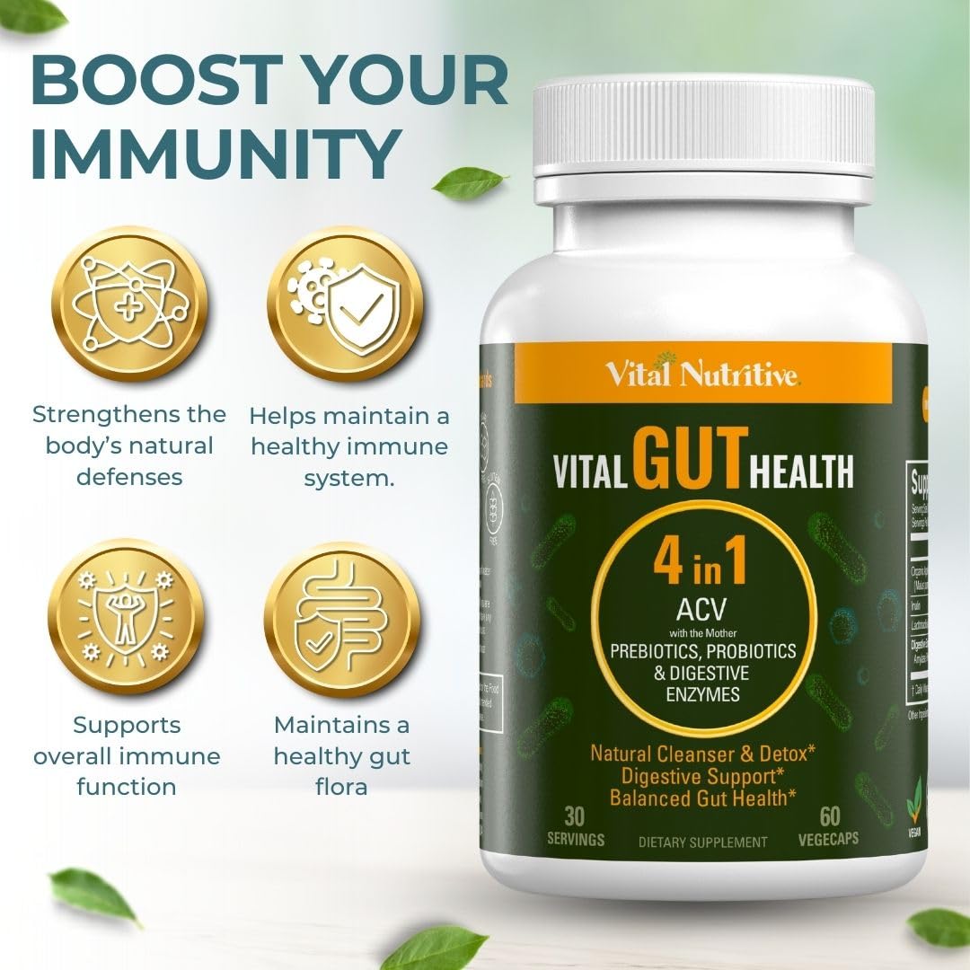 VITAL NUTRITIVE Vital Gut Health 4in1 Formula with Apple Cider Vinegar, Prebiotics & Probiotics, Digestive Enzymes 120 Capsules