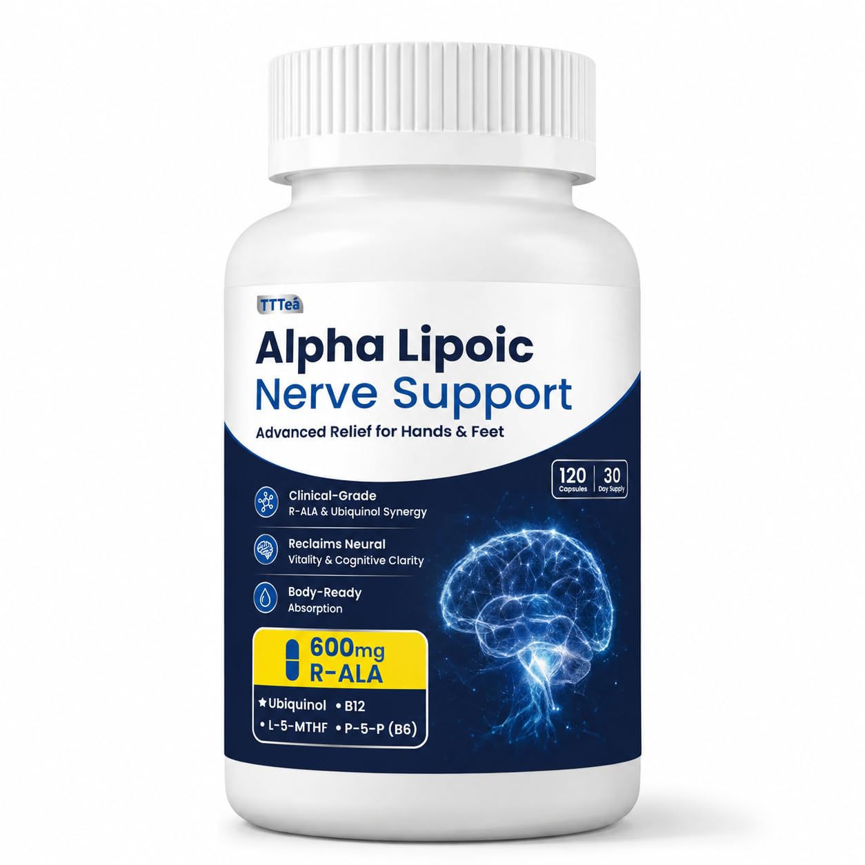 TTTea R-Alpha Lipoic Acid 600mg with Benfotiamine 300mg Nerve Support, R-ALA with ALCAR, NAC & CoQ10, Antioxidant & Energy Metabolism Support, 120 Vegan Capsules