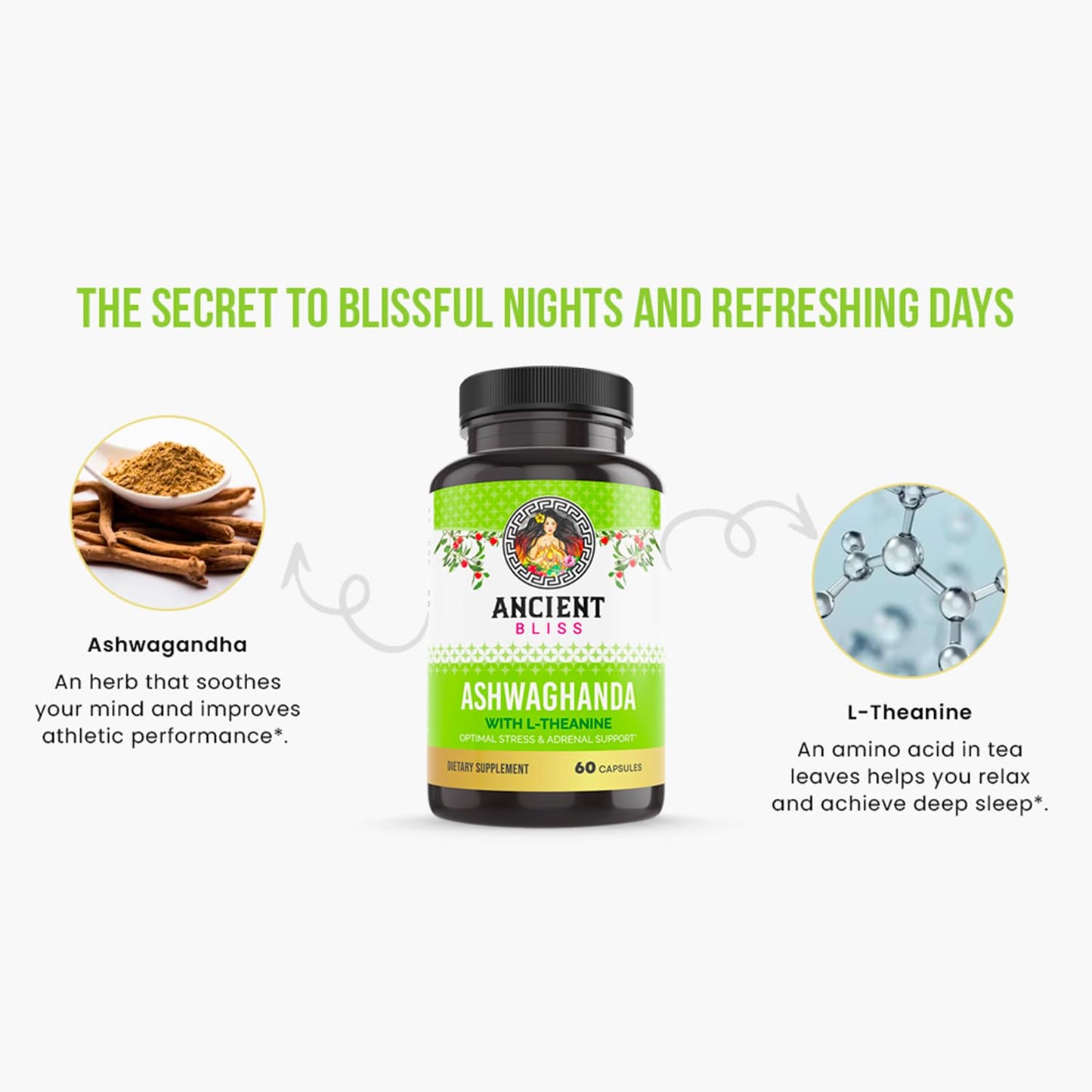 Ancient Bliss Ashwagandha with L-Theanine & Black Pepper Extract Capsules, 60 Count