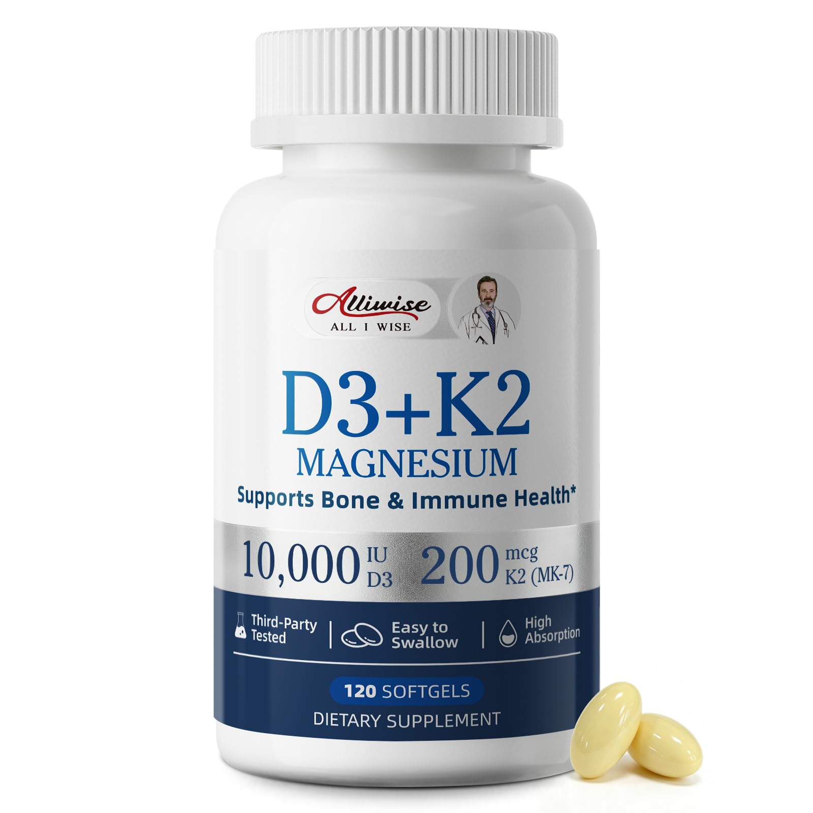Alliwise D3 K2 Vitamin 10000 IU with Magnesium Complex Softgels, 120 Count