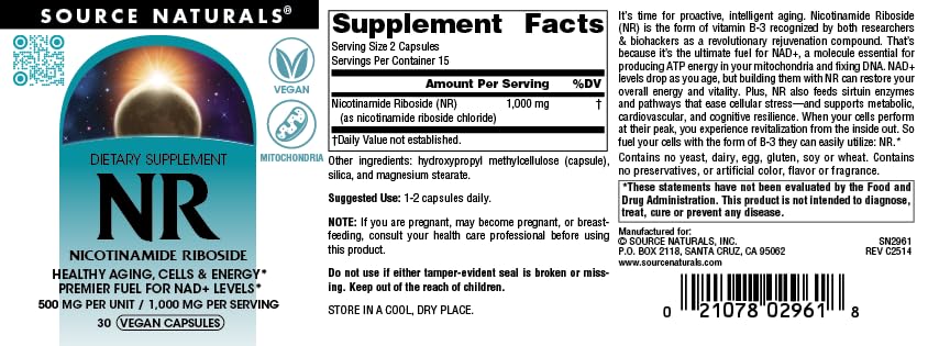 Source Naturals Nicotinamide Riboside 500 mg Capsule, 30 Vegan Capsules