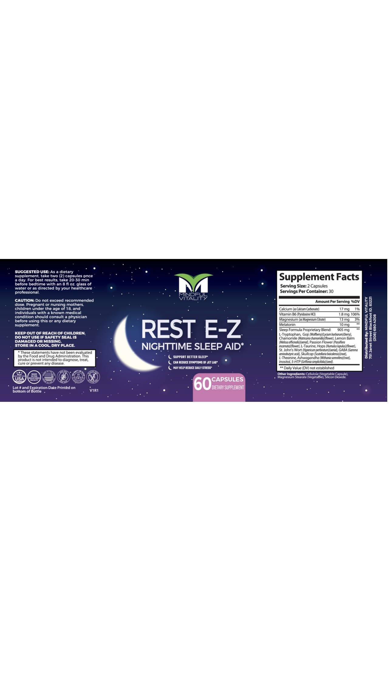Mindful Vitality Rest E-Z Natural Sleep Aid 60 Capsules