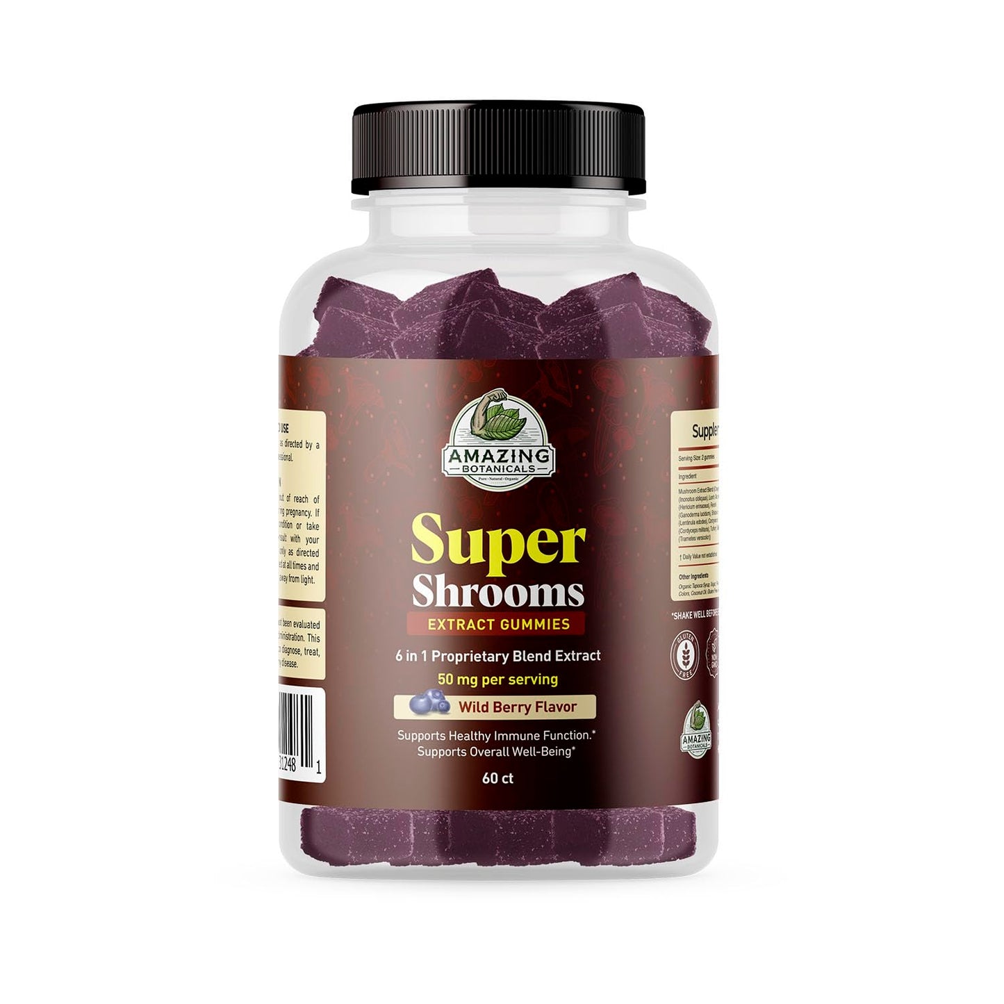 Amazing Botanicals Super Shrooms 6 in 1 Organic Mushroom Wellness Gummies, 60 Count