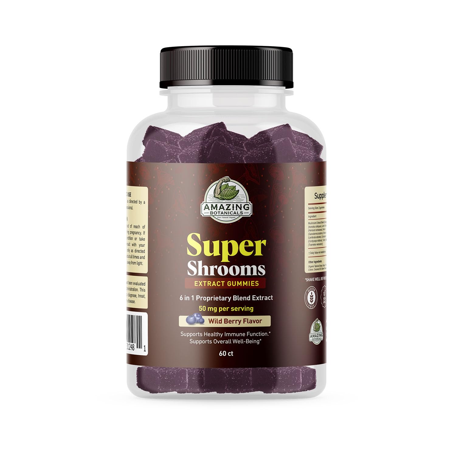 Amazing Botanicals Super Shrooms 6 in 1 Organic Mushroom Wellness Gummies, 60 Count