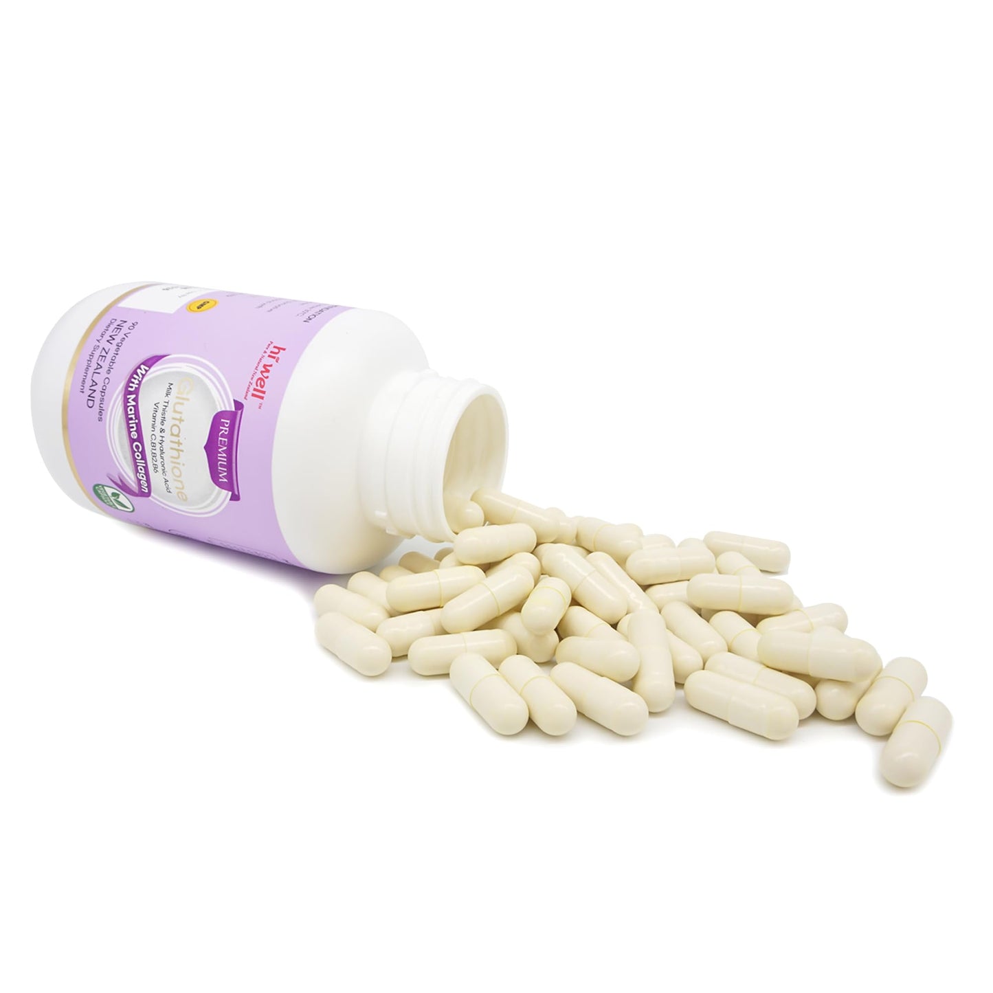 HI WELL PURE & NATURAL NEW ZEALAND Premium Glutathione with Marine Collagen Capsules 90 Count
