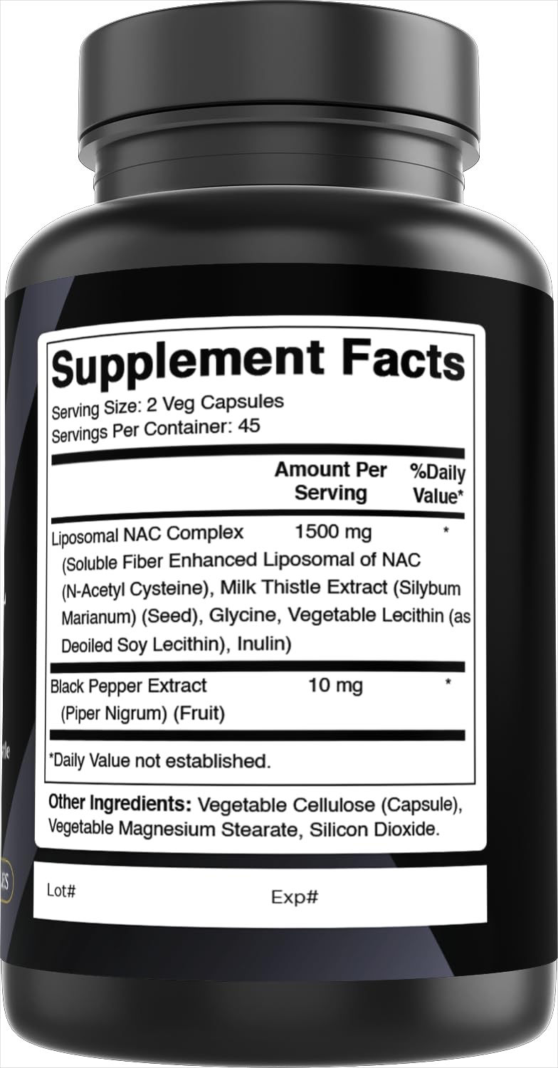 Best Naturals Liposomal NAC Complex 1500 mg Per Serving with Black Pepper Extract, NAC, Milk Thistle Extract & Glycine, Fiber Enhanced Formula Capsules 90 Count