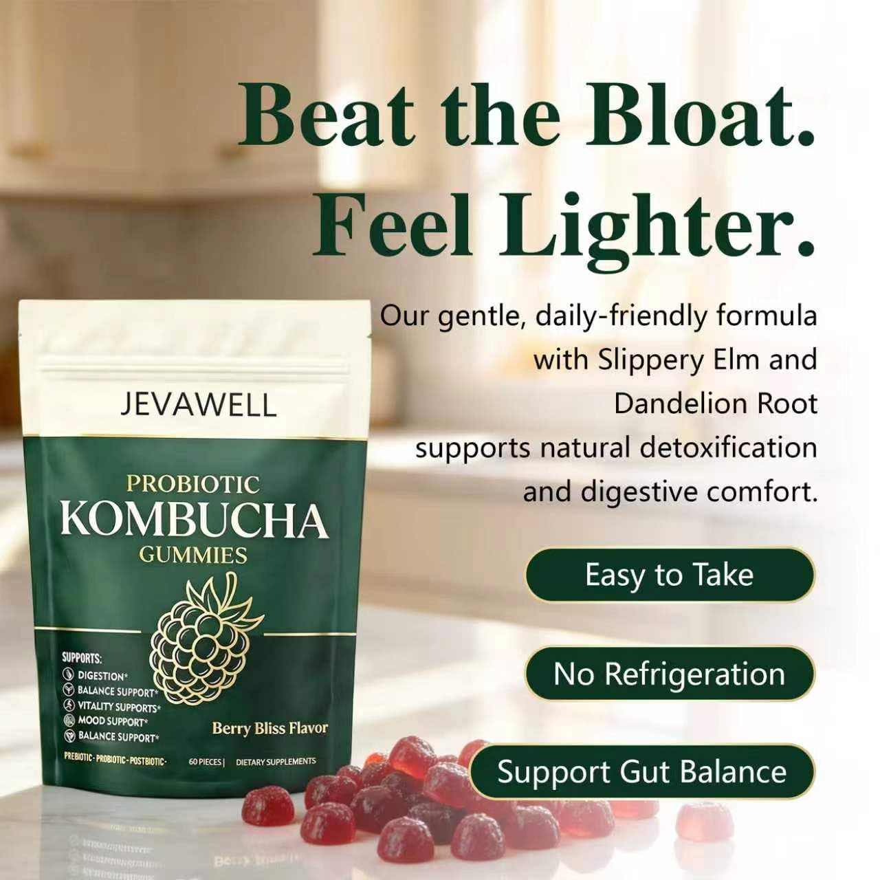 qxv Jevawell Probiotic Kombucha Gummies Berry Flavor, 60 Gummies