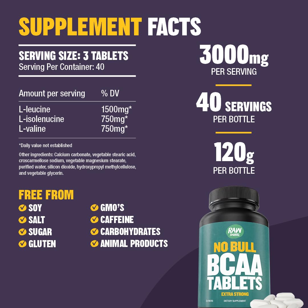 Raw Barrel BCAA Tablets 1000 mg - Branched-Chain Amino Acids Supplement for Muscle Recovery & Energy, Pre or Post Workout for Men & Women, Natural, Pure, GMO Free, 120 Tablets