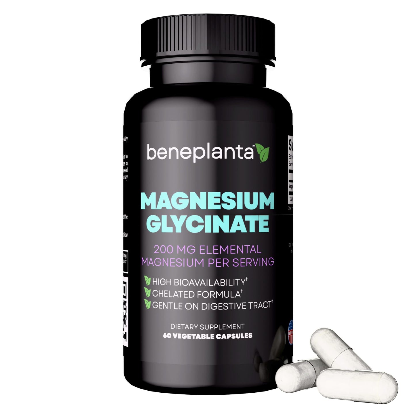 Beneplanta Magnesium Glycinate 200mg Chelated - High Absorption Sleep Support Supplement - Non-Laxative Gentle Formula, 60 Capsules