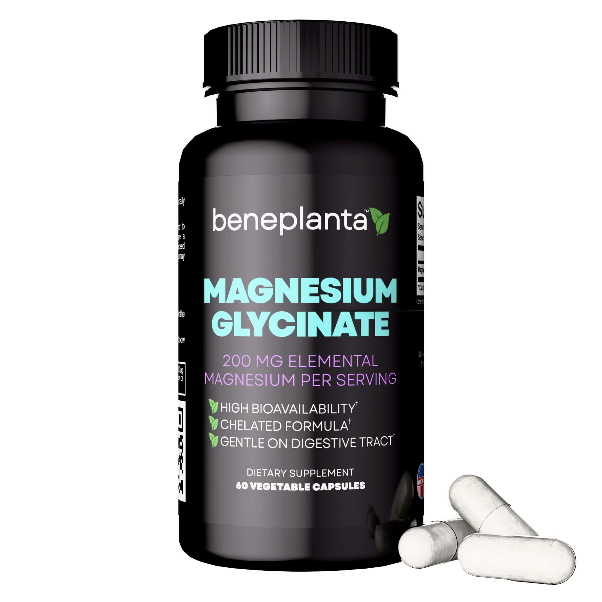 Beneplanta Magnesium Glycinate 200mg Chelated - High Absorption Sleep Support Supplement - Non-Laxative Gentle Formula, 60 Capsules